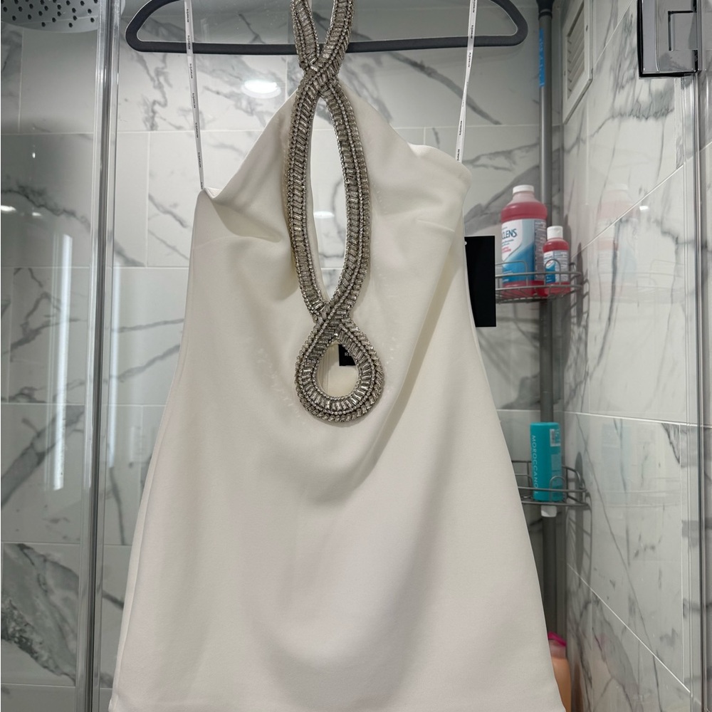 Retrofête Ivory Backless Halter Dress with Beaded Neckline
